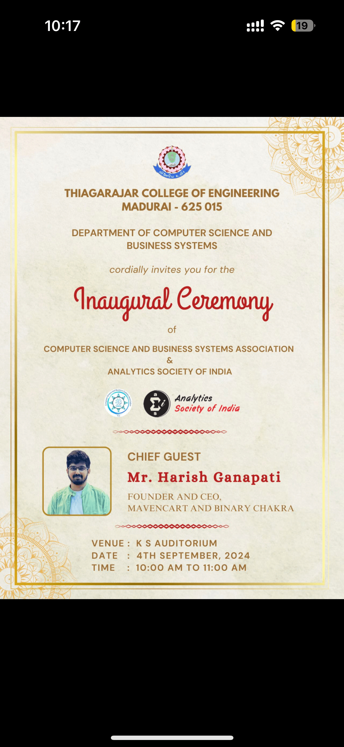 Chief Guest at TCE Engineering College